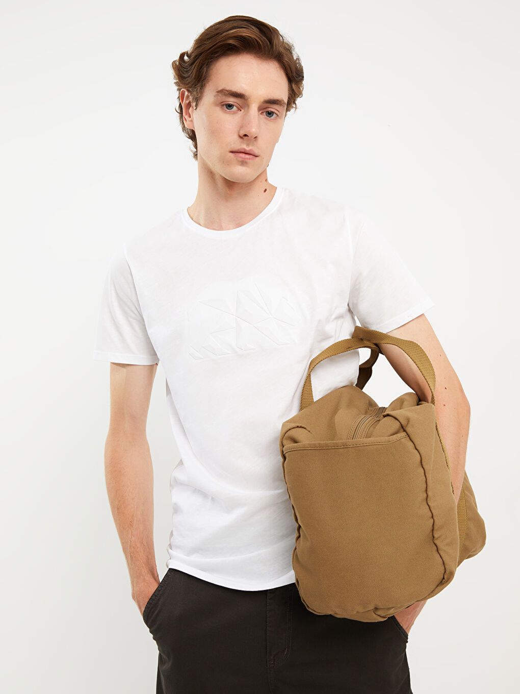 Beyaz Bisiklet Yaka Kısa Kollu Baskılı Erkek Tişört-1