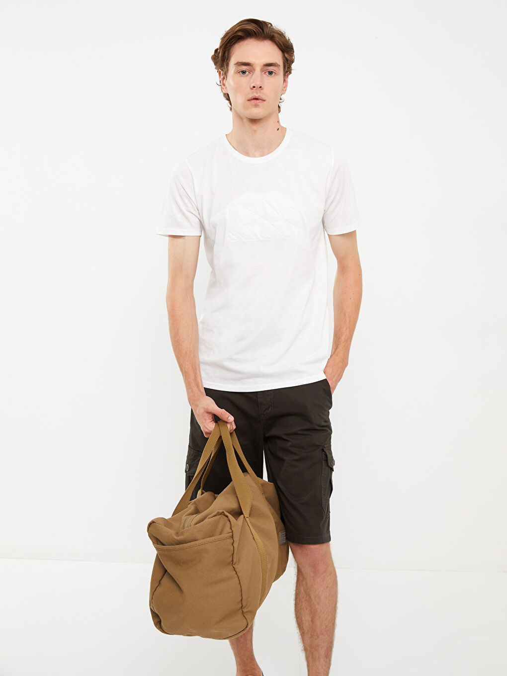 Beyaz Bisiklet Yaka Kısa Kollu Baskılı Erkek Tişört