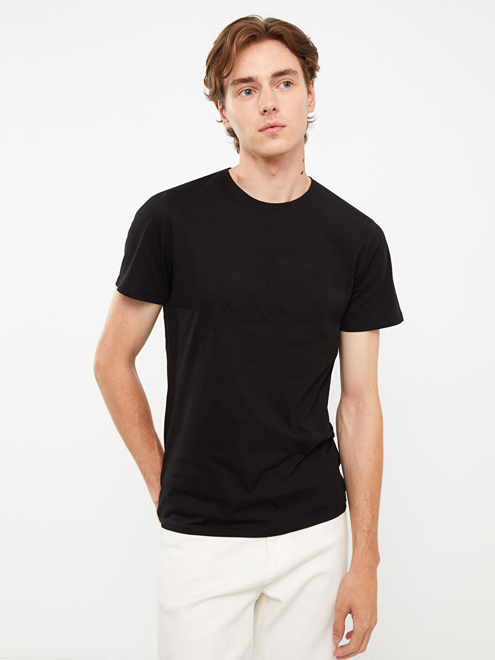 Siyah Bisiklet Yaka Kısa Kollu Baskılı Erkek Tişört-1