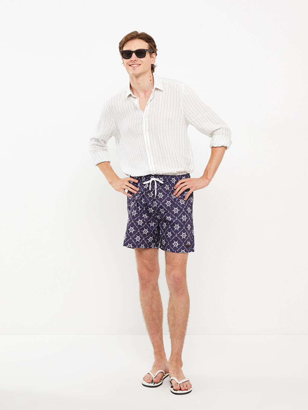 Lacivert Kısa Boy Desenli Erkek Deniz Şortu-1