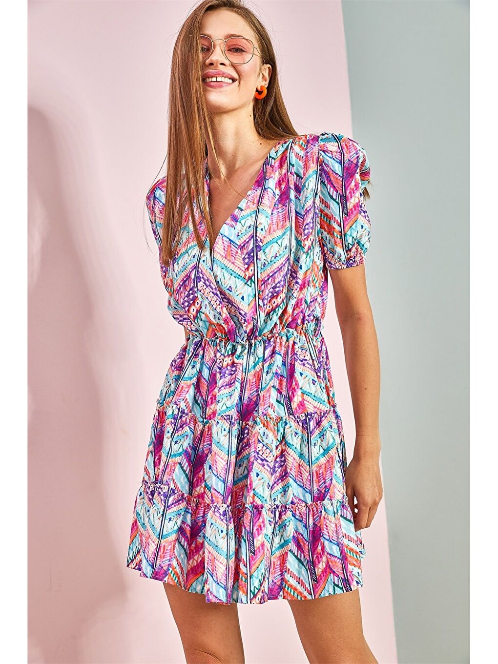 Σταυρωτό Φόρεμα Με Σχέδια Κοντό Μανίκι για Γυναίκες