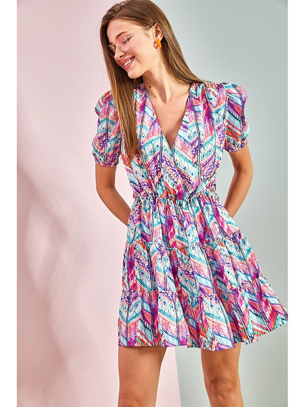 Σταυρωτό Φόρεμα Με Σχέδια Κοντό Μανίκι για Γυναίκες-1