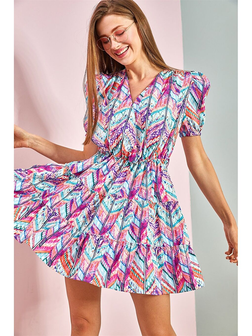 Σταυρωτό Φόρεμα Με Σχέδια Κοντό Μανίκι για Γυναίκες-2