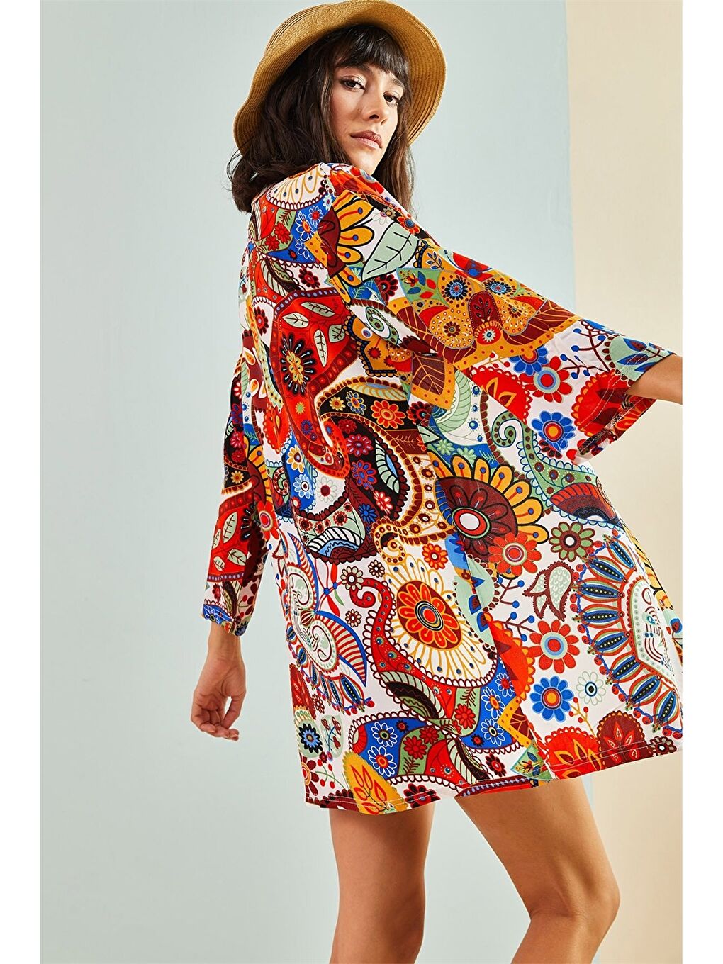 Pembe Şal Yaka Desenli Uzun Kollu Kadın Kimono-2