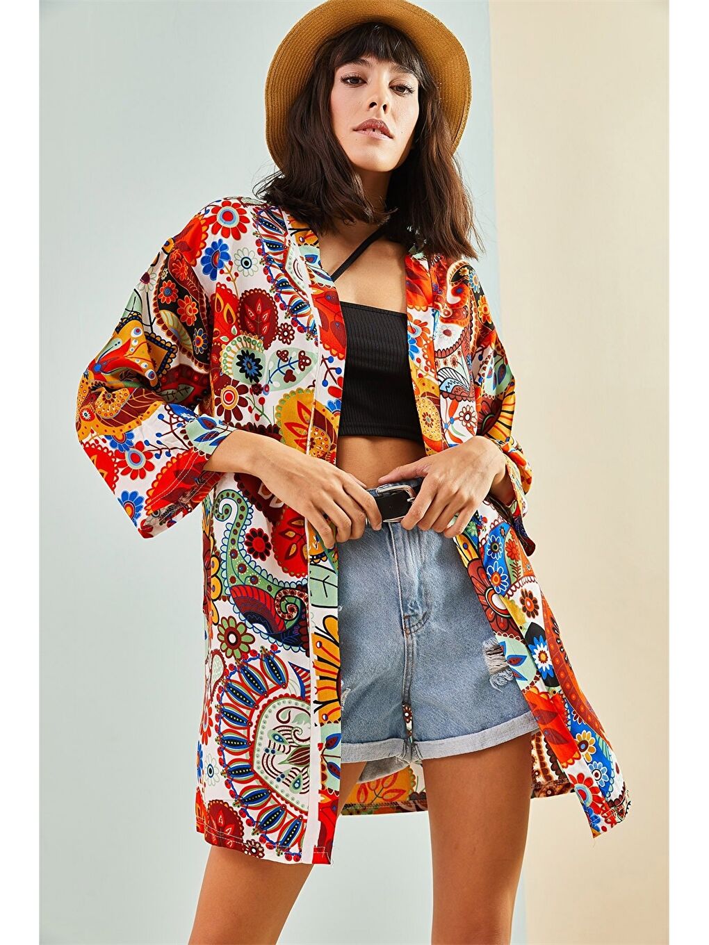 Pembe Şal Yaka Desenli Uzun Kollu Kadın Kimono-3