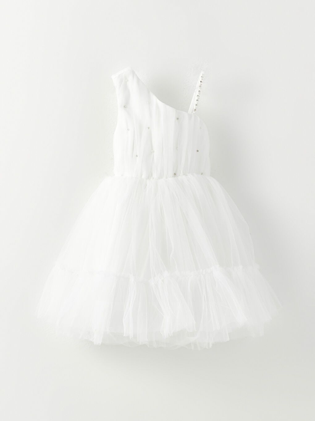 Beyaz Tek Omuz Askılı Boncuk İşlemeli Kız Çocuk Elbise