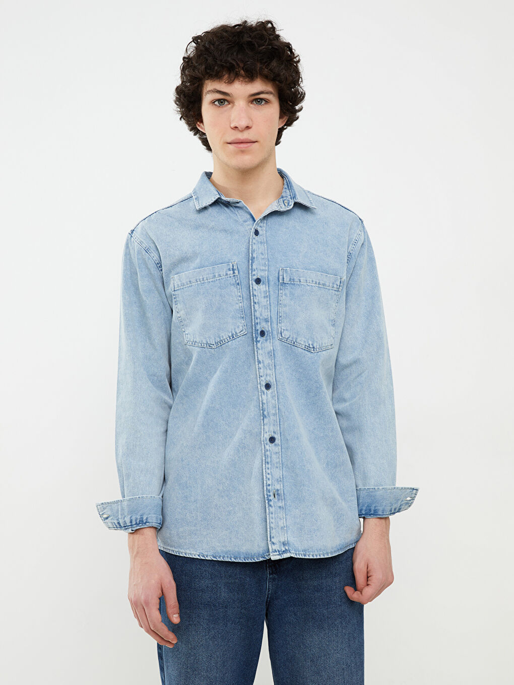 Relaxed Fit Long Sleeve Men's Denim Shirt-1