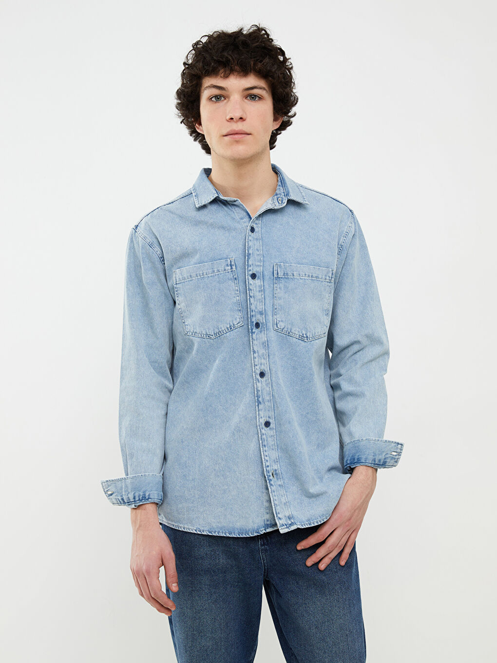 Relaxed Fit Long Sleeve Men's Denim Shirt-2