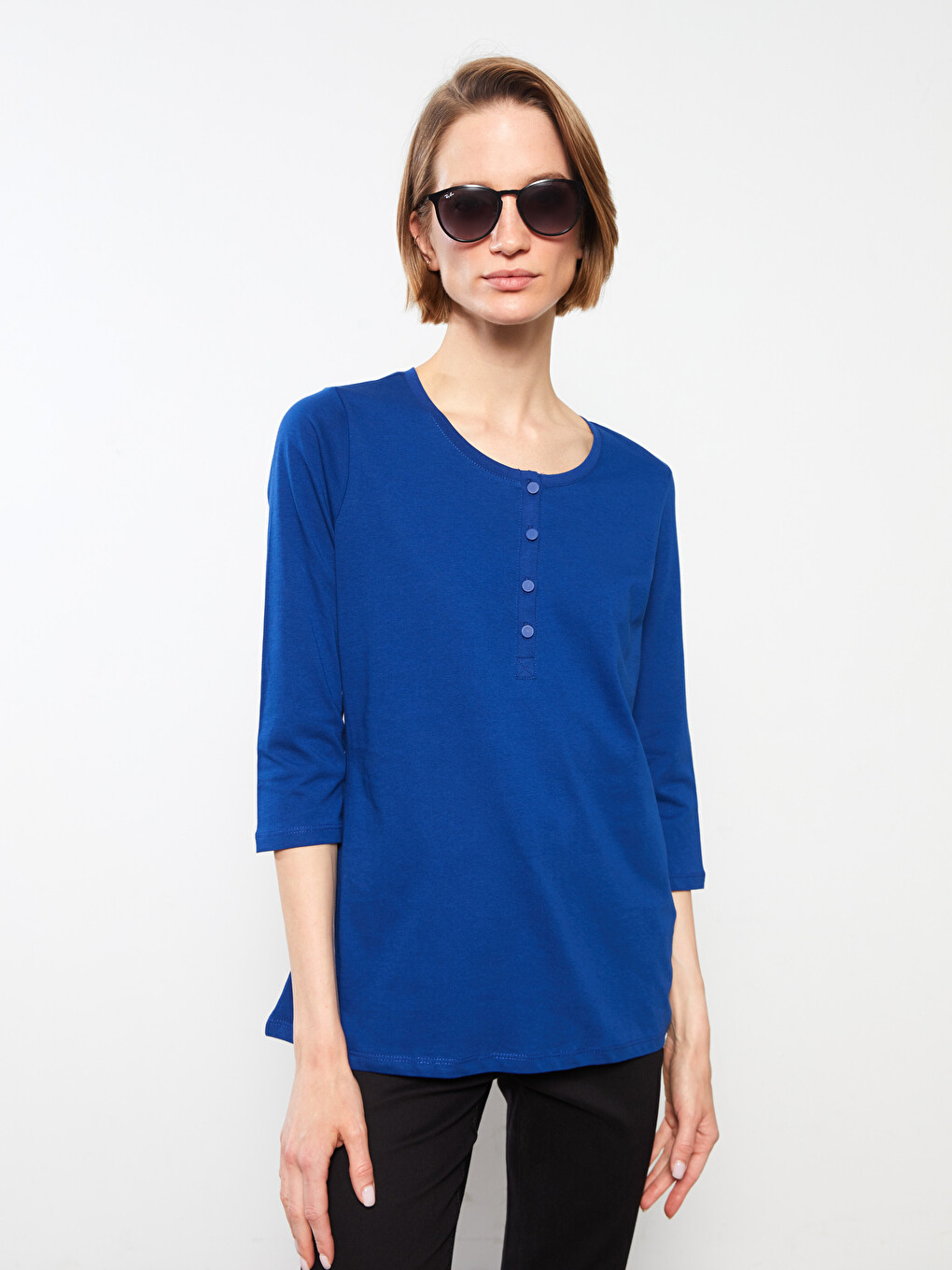 Crew Neck Plain Cotton Women's Blouse