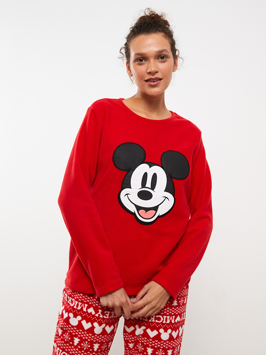 Kırmızı Bisiklet Yaka Mickey Mouse Baskılı Uzun Kollu Polar Kadın Pijama Takımı-1