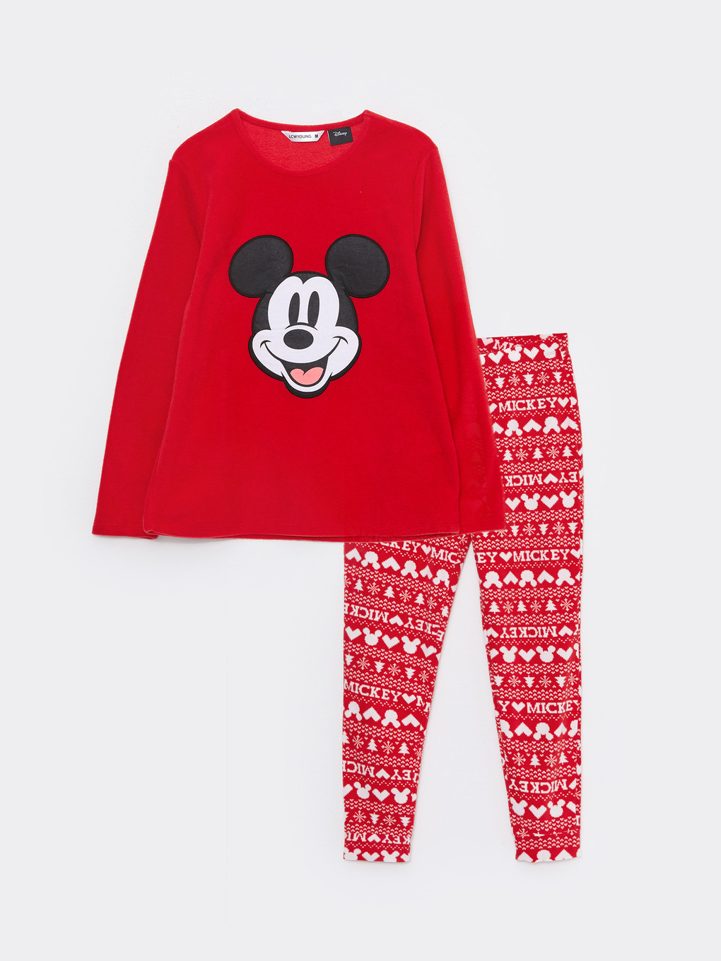 Kırmızı Bisiklet Yaka Mickey Mouse Baskılı Uzun Kollu Polar Kadın Pijama Takımı-5