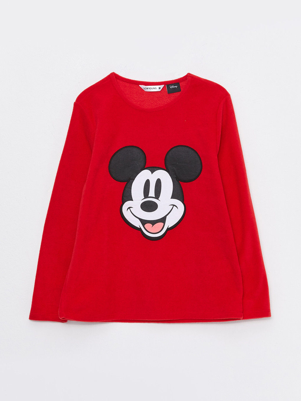 Kırmızı Bisiklet Yaka Mickey Mouse Baskılı Uzun Kollu Polar Kadın Pijama Takımı-6