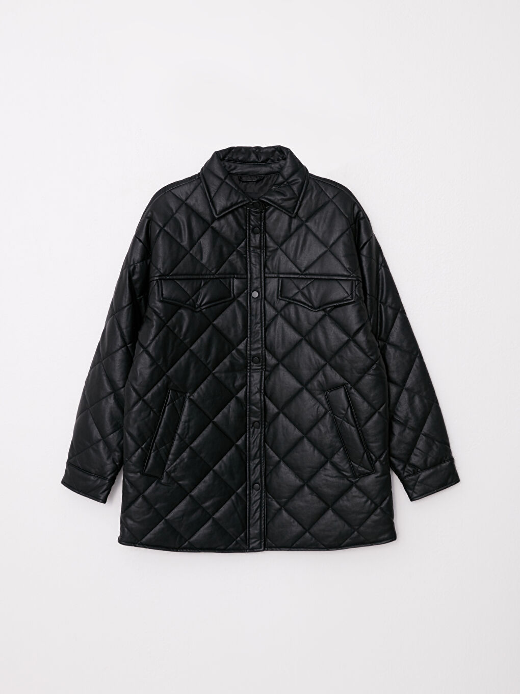 Geacă din piele ecologică matlasată cu mânecă lungă și guler de cămașă pentru femei-6