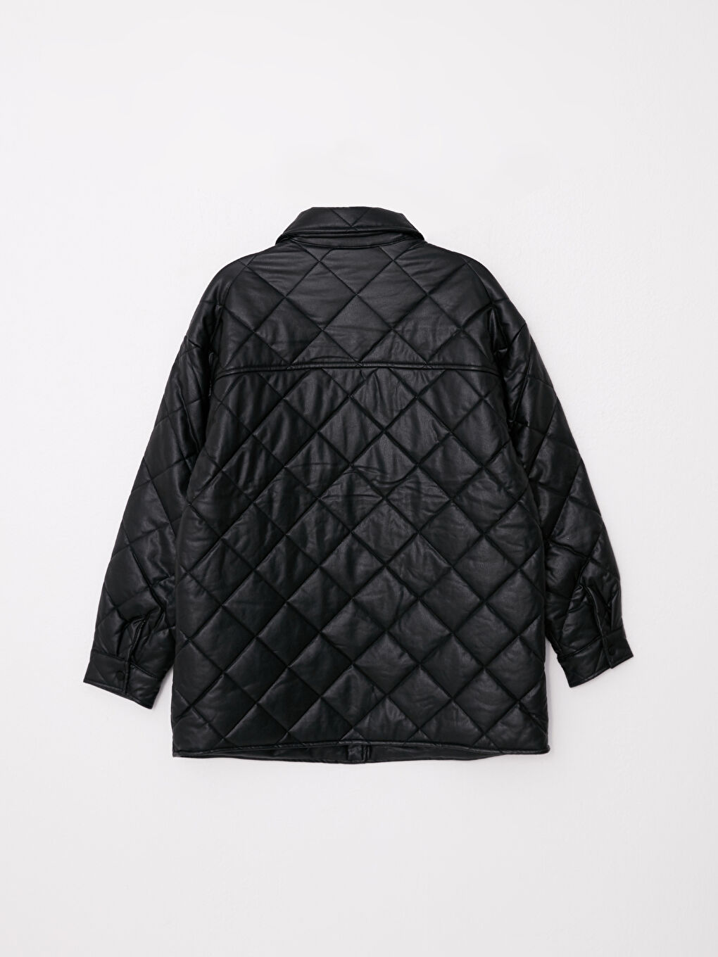 Geacă din piele ecologică matlasată cu mânecă lungă și guler de cămașă pentru femei-7