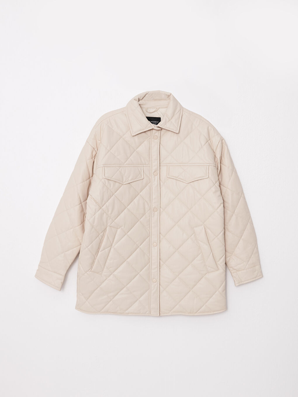 Ekru Gömlek Yaka Kapitone Uzun Kollu Kadın Deri Görünümlü Mont-6