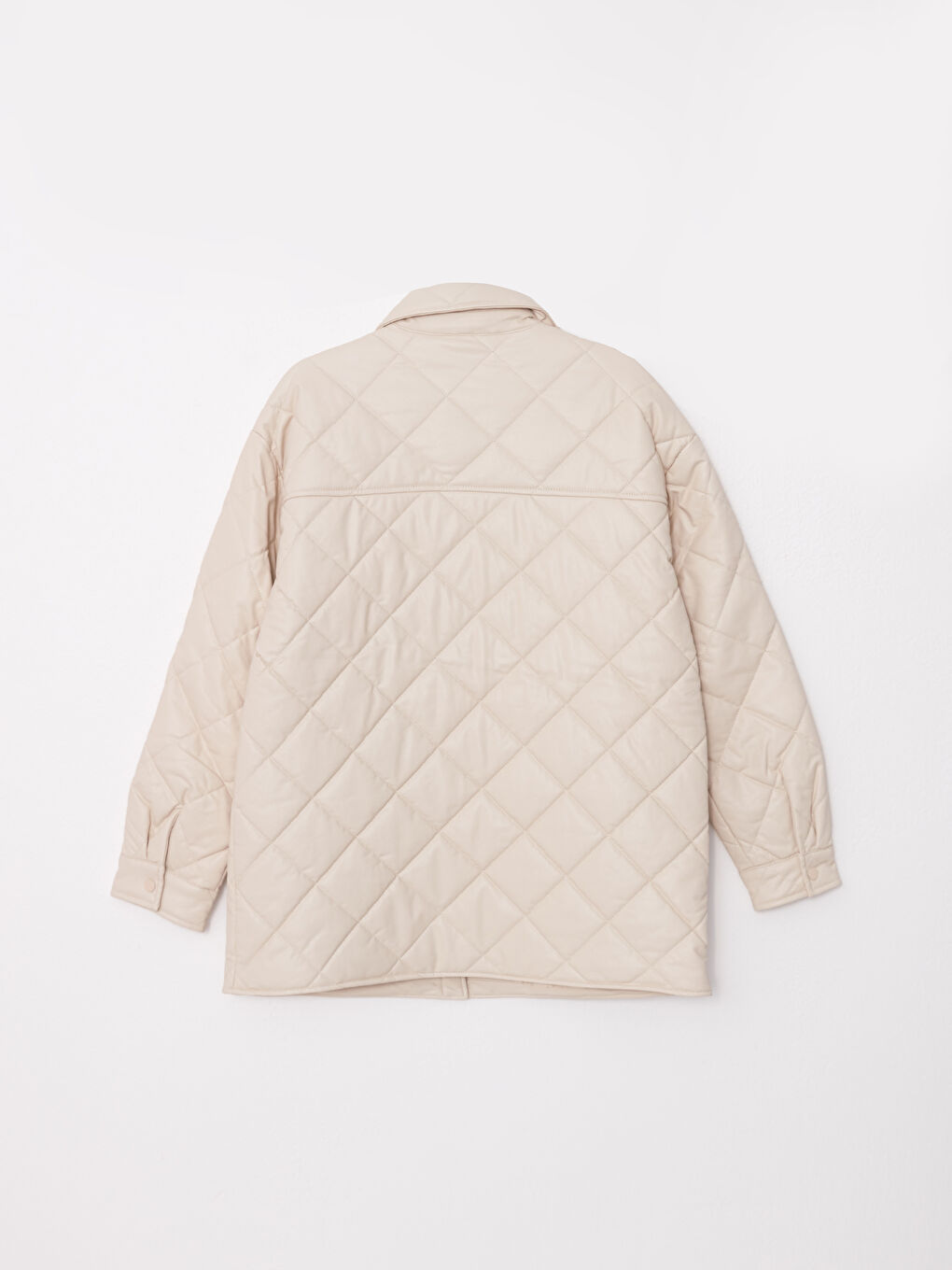 Ekru Gömlek Yaka Kapitone Uzun Kollu Kadın Deri Görünümlü Mont-7