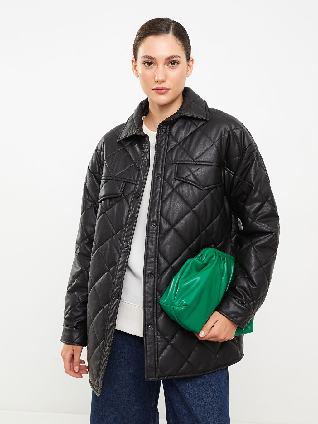 Geacă din piele ecologică matlasată cu mânecă lungă și guler de cămașă pentru femei-2