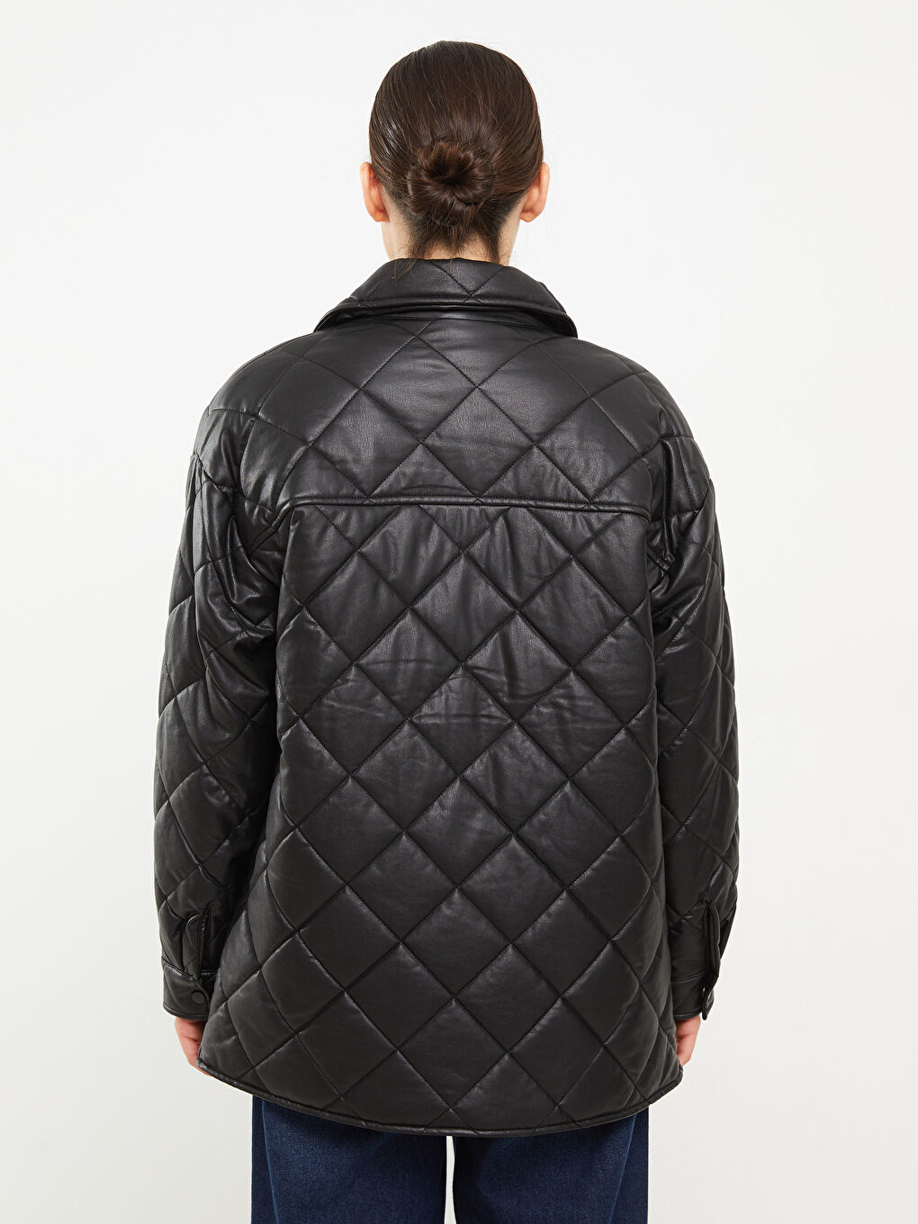 Geacă din piele ecologică matlasată cu mânecă lungă și guler de cămașă pentru femei-5