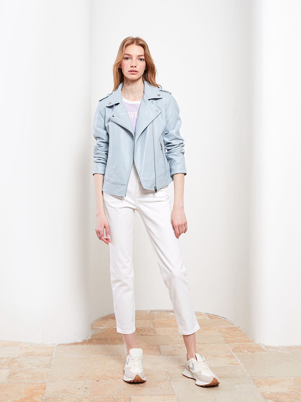 Biker Collar Pocket DetailIng Long Sleeves Slim Women's Leather Looking Coat