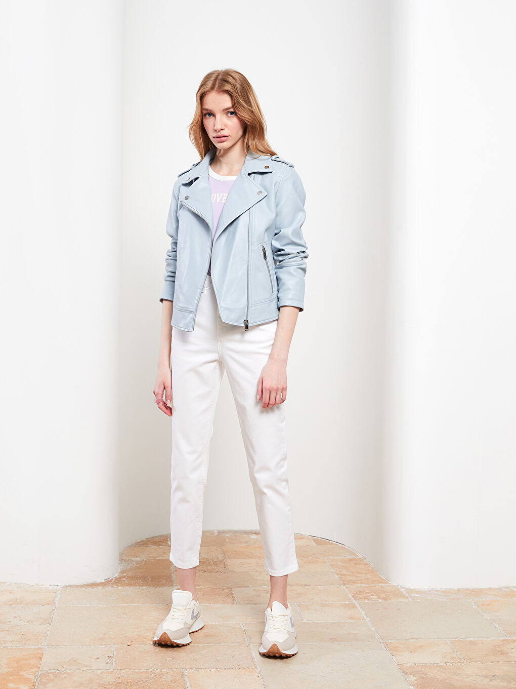 Biker Collar Pocket DetailIng Long Sleeves Slim Women's Leather Looking Coat-1