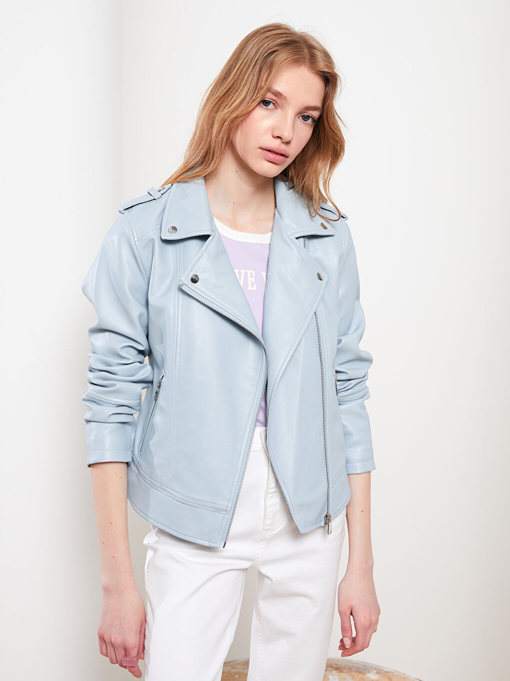 Biker Collar Pocket DetailIng Long Sleeves Slim Women's Leather Looking Coat-2