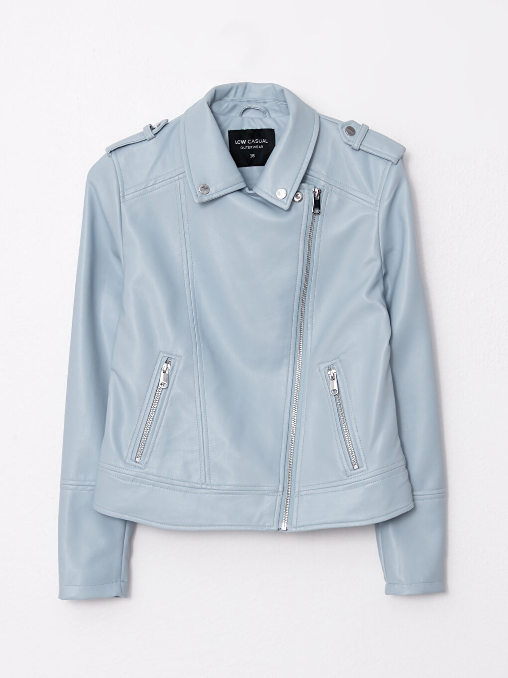 Biker Collar Pocket DetailIng Long Sleeves Slim Women's Leather Looking Coat-6