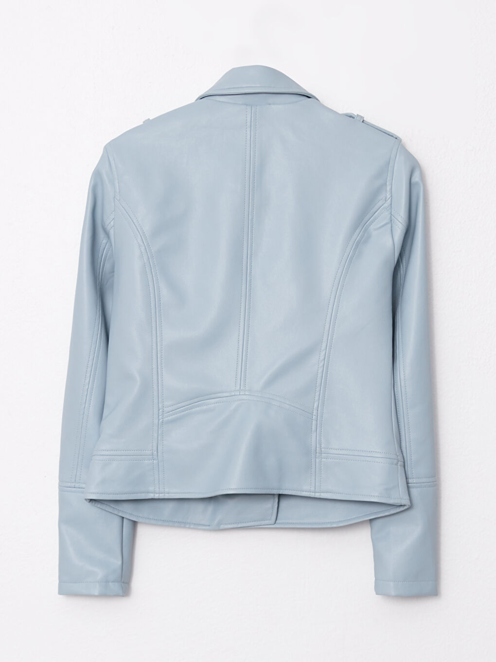 Biker Collar Pocket DetailIng Long Sleeves Slim Women's Leather Looking Coat-7