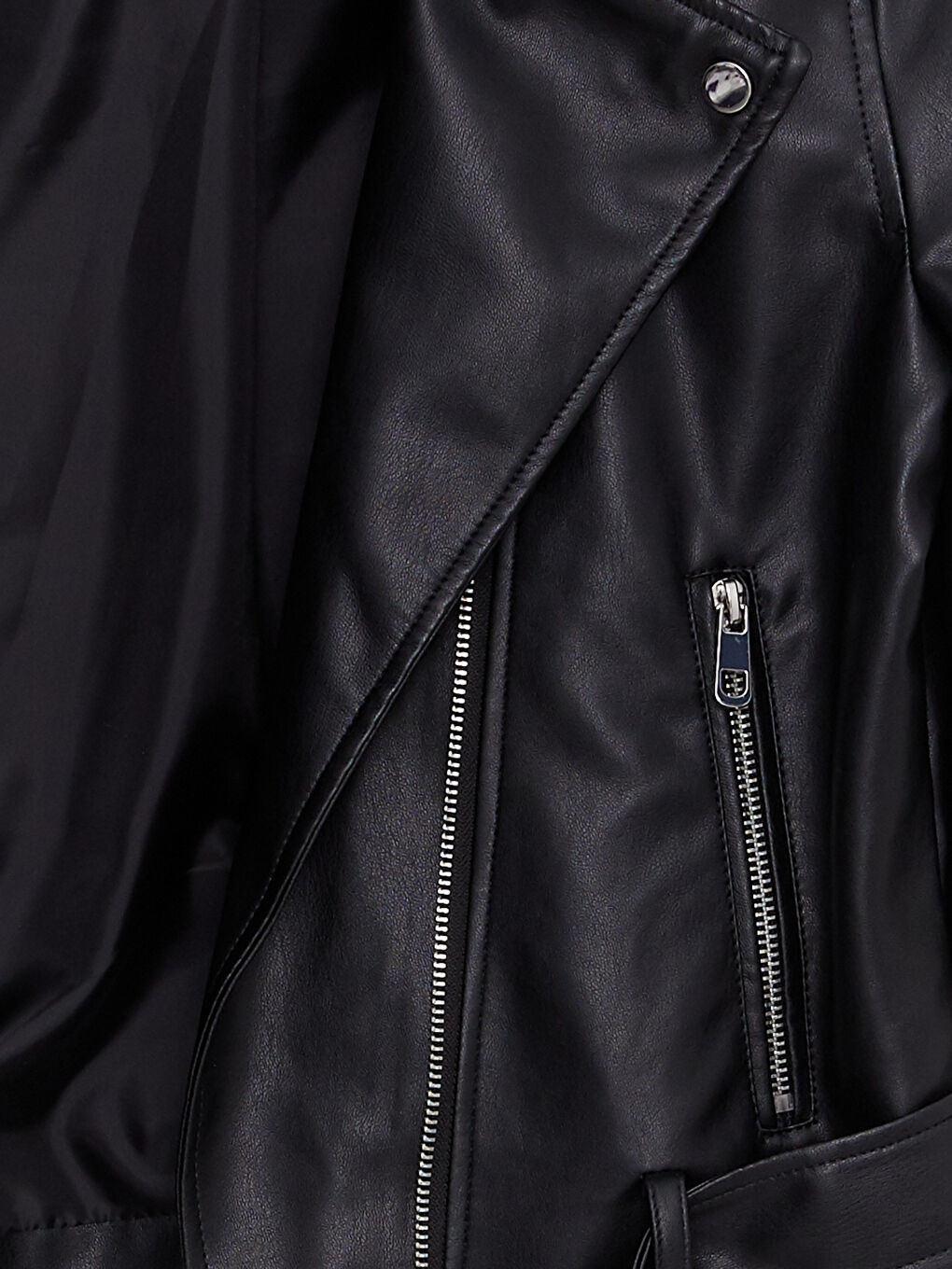 Siyah Kadın Biker Yaka Düz Deri Görünümlü Mont-7