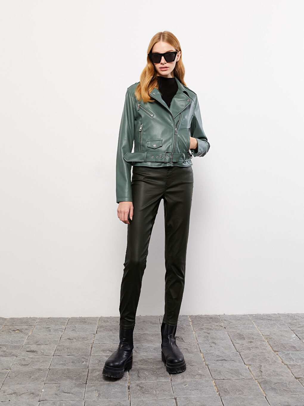 LCW Vision Women's Biker Neck Plain Faux Leather Jacket -W20021Z8-SA7