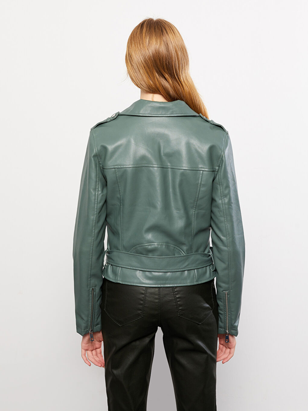 LCW Vision Women's Biker Neck Plain Faux Leather Jacket -W20021Z8-SA7