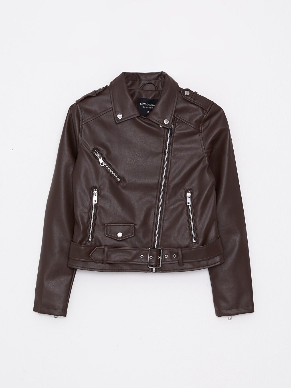 Kahverengi Kadın Biker Yaka Düz Deri Görünümlü Mont-7