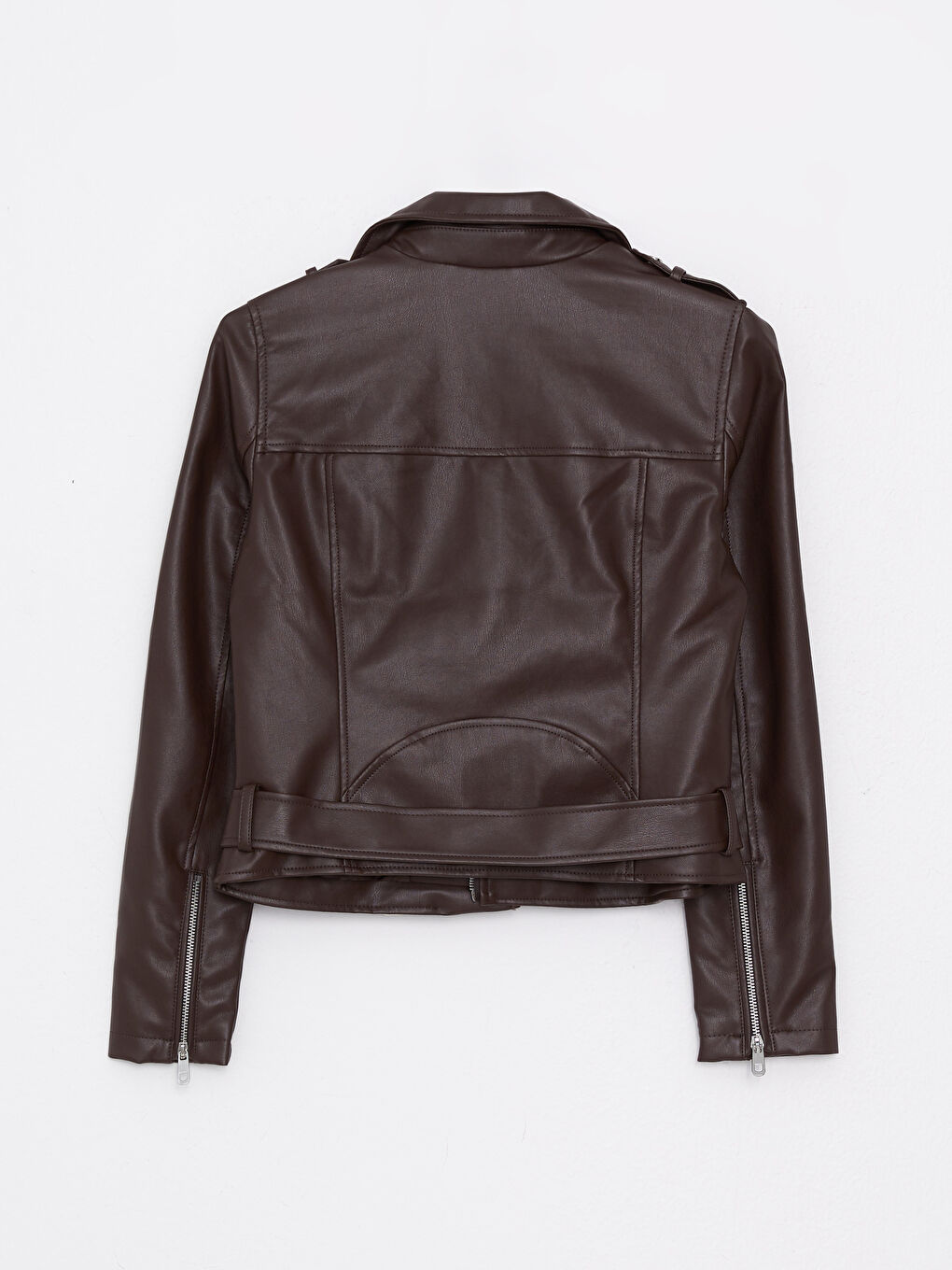 Kahverengi Kadın Biker Yaka Düz Deri Görünümlü Mont-8