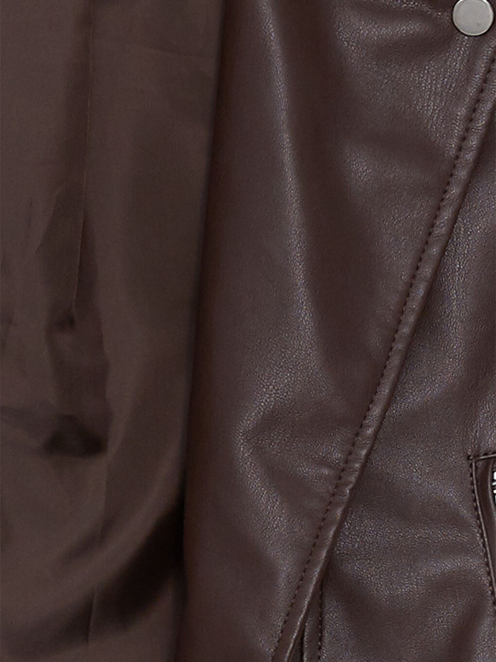 Kahverengi Kadın Biker Yaka Düz Deri Görünümlü Mont-9