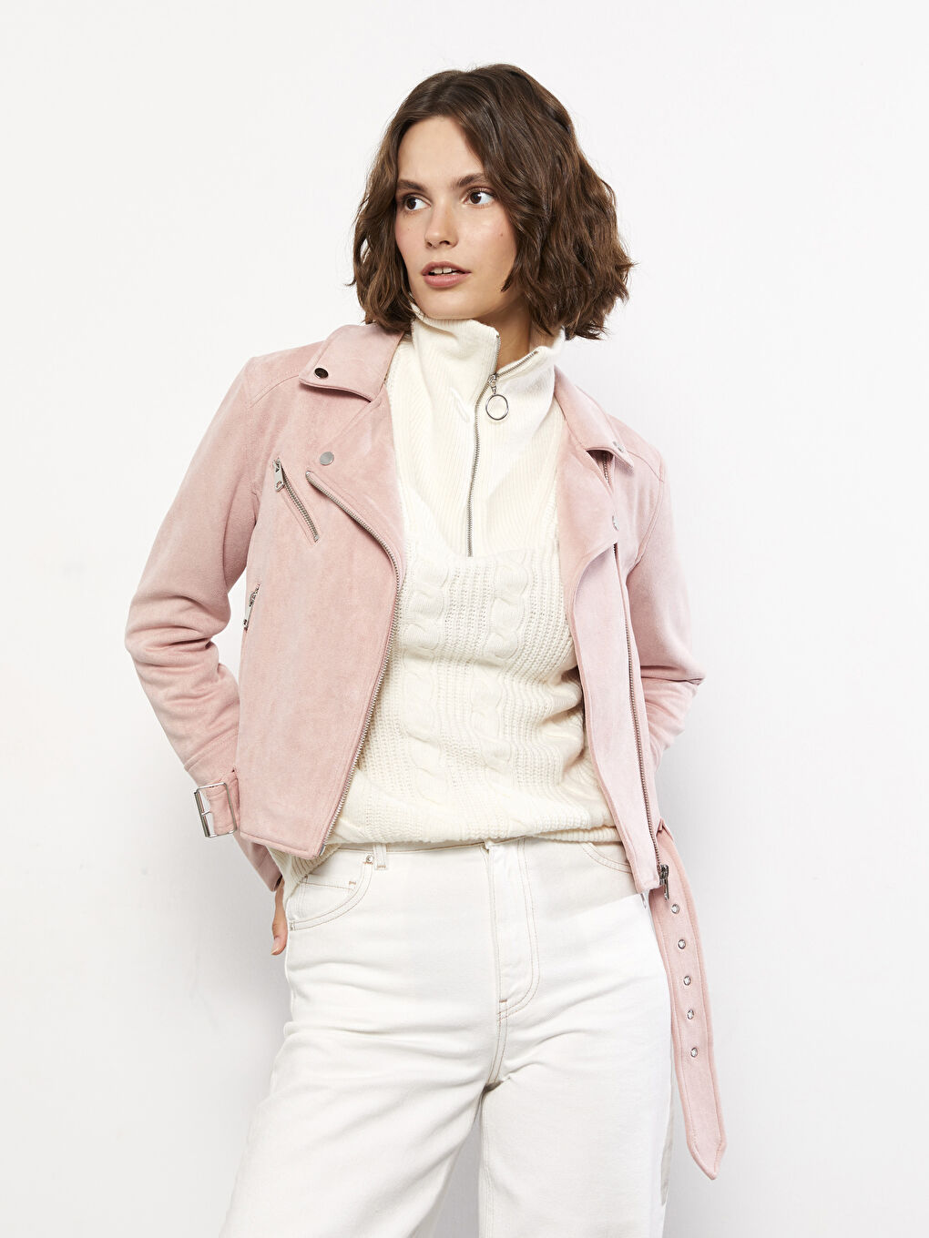 Veste en similicuir unie à col motard pour Femmes-1