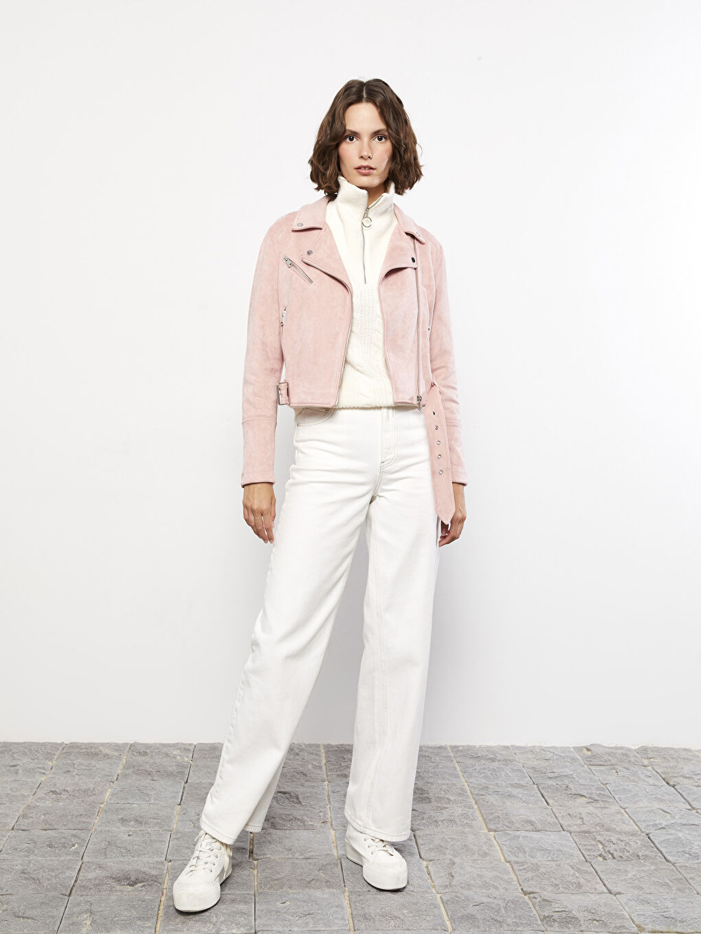 Veste en similicuir unie à col motard pour Femmes-2