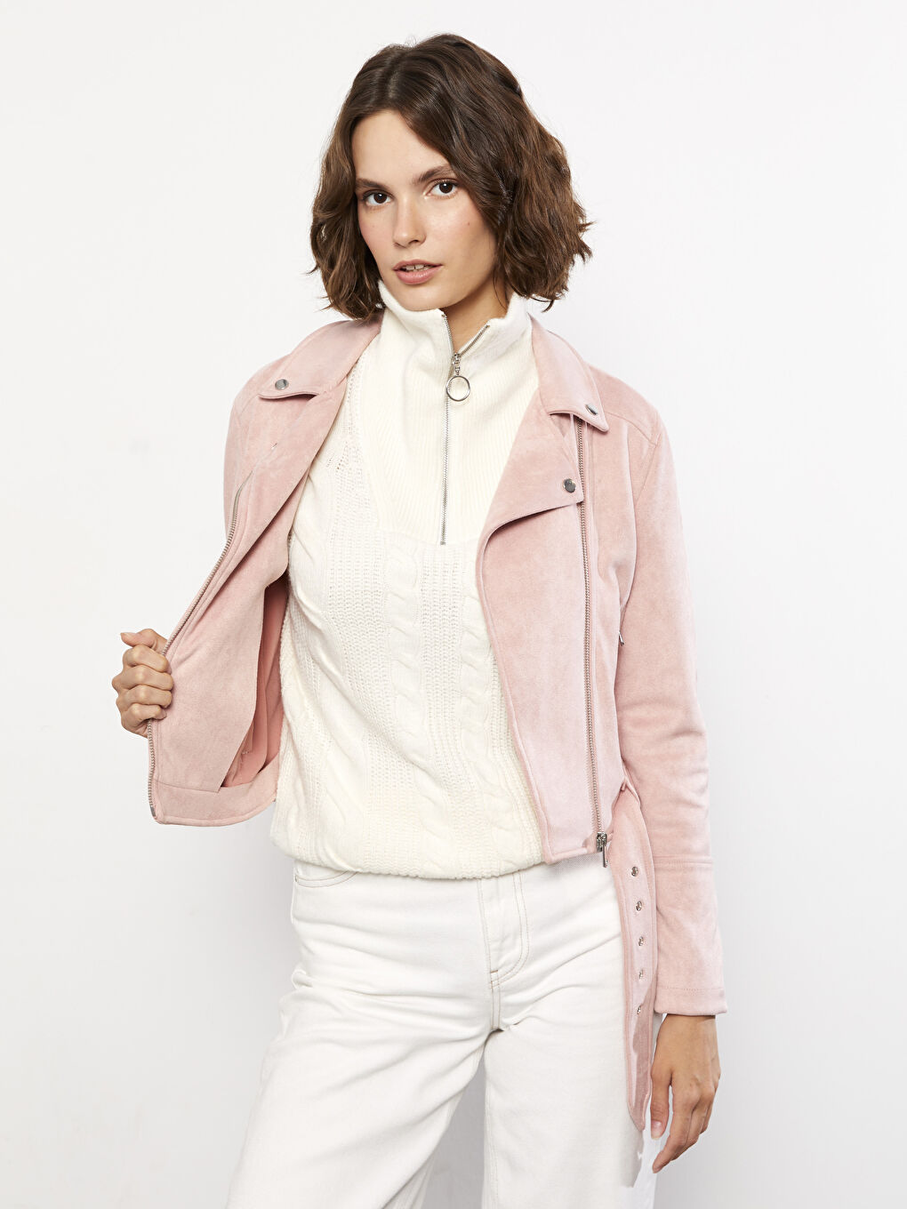 Veste en similicuir unie à col motard pour Femmes-3