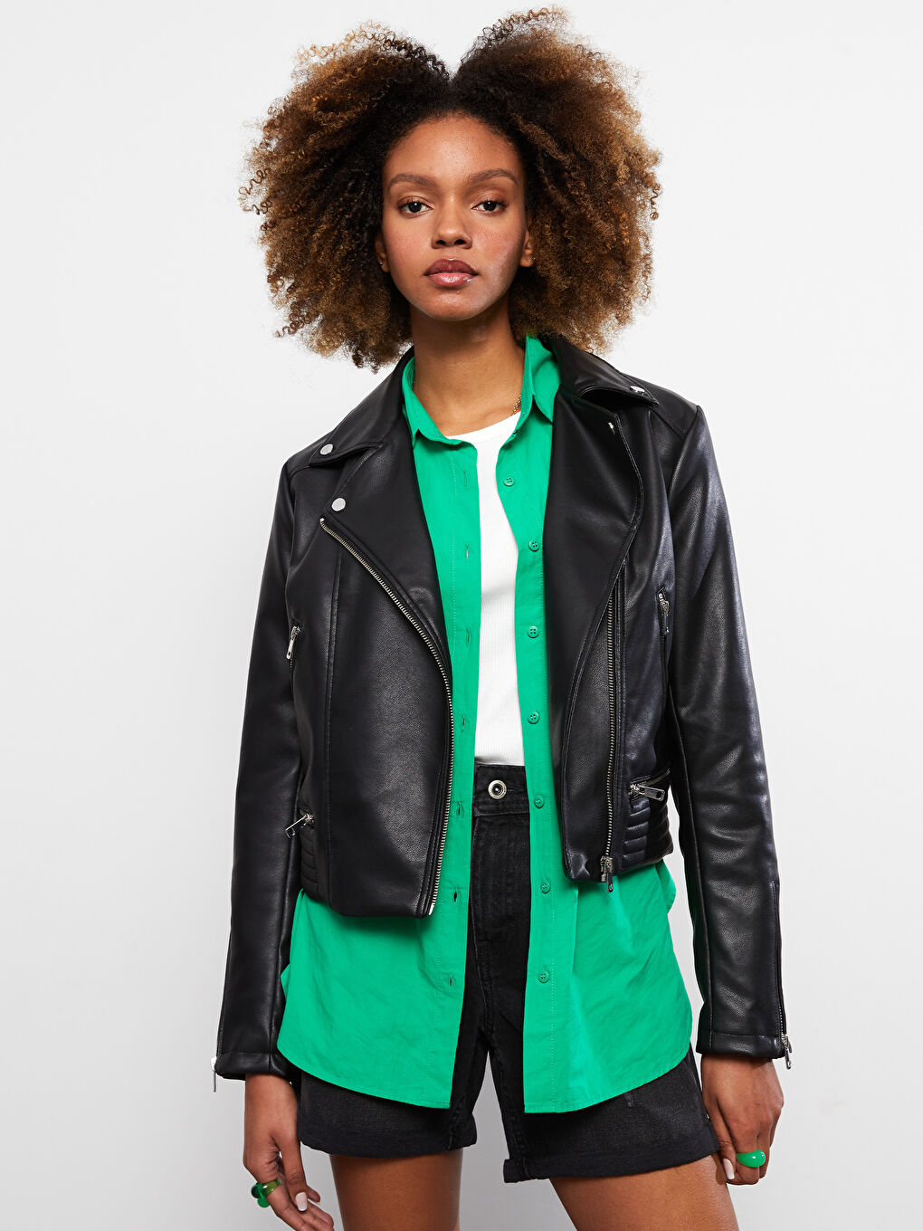 LCW Vision Damen Biker-Kragen Schlichte Kunstlederjacke -W20024Z8-CVL