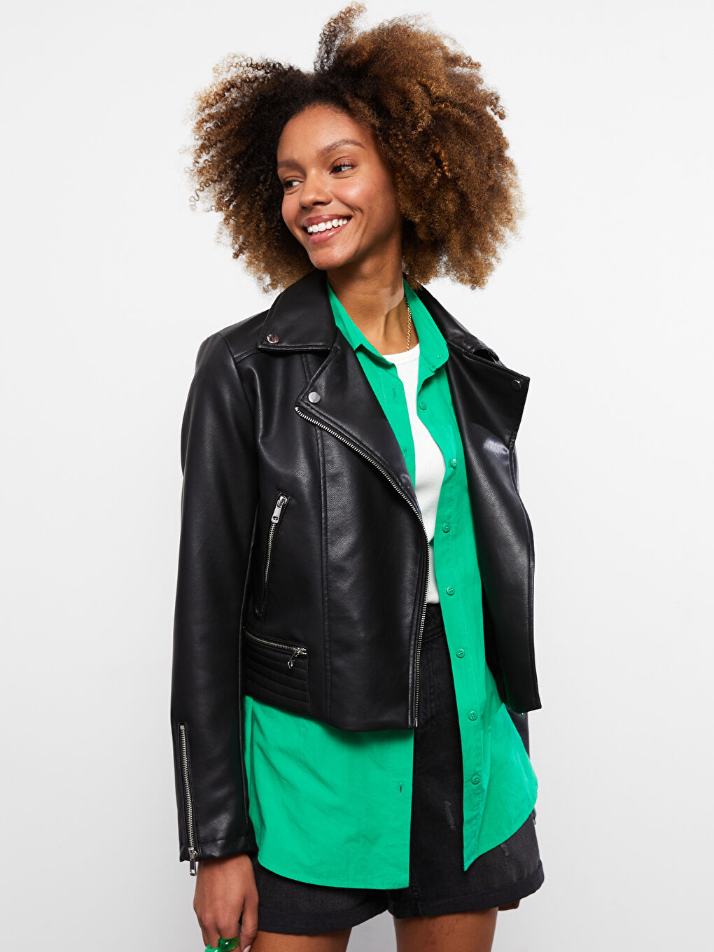 LCW Vision Damen Biker-Kragen Schlichte Kunstlederjacke -W20024Z8-CVL
