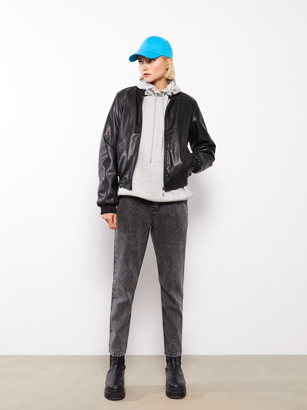 College Collar Straight Long Sleeve Women's Leather Look Coat-2