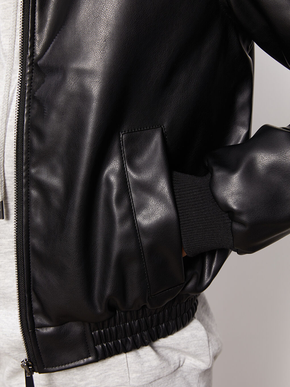 College Collar Straight Long Sleeve Women's Leather Look Coat-3