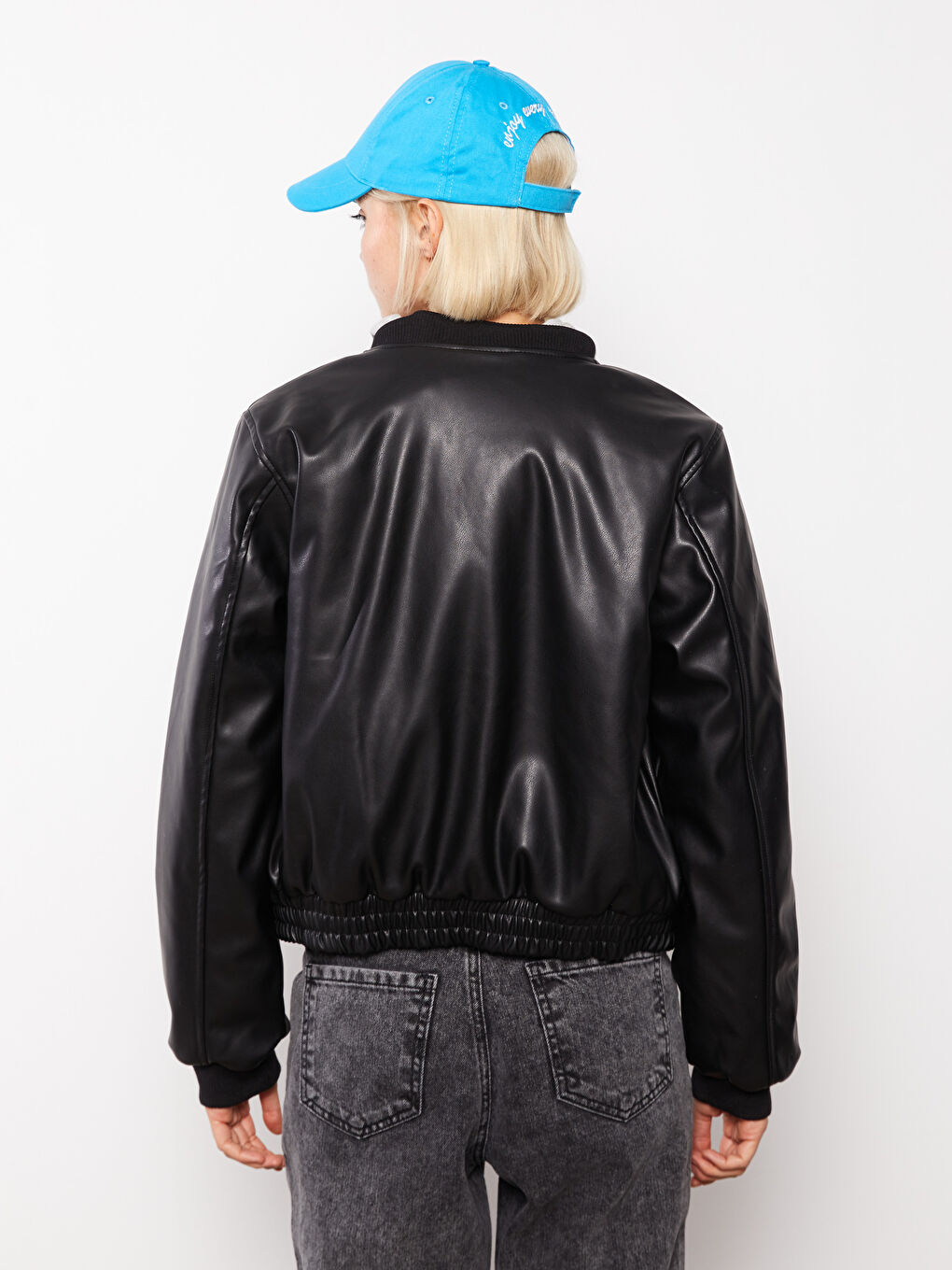 College Collar Straight Long Sleeve Women's Leather Look Coat-5