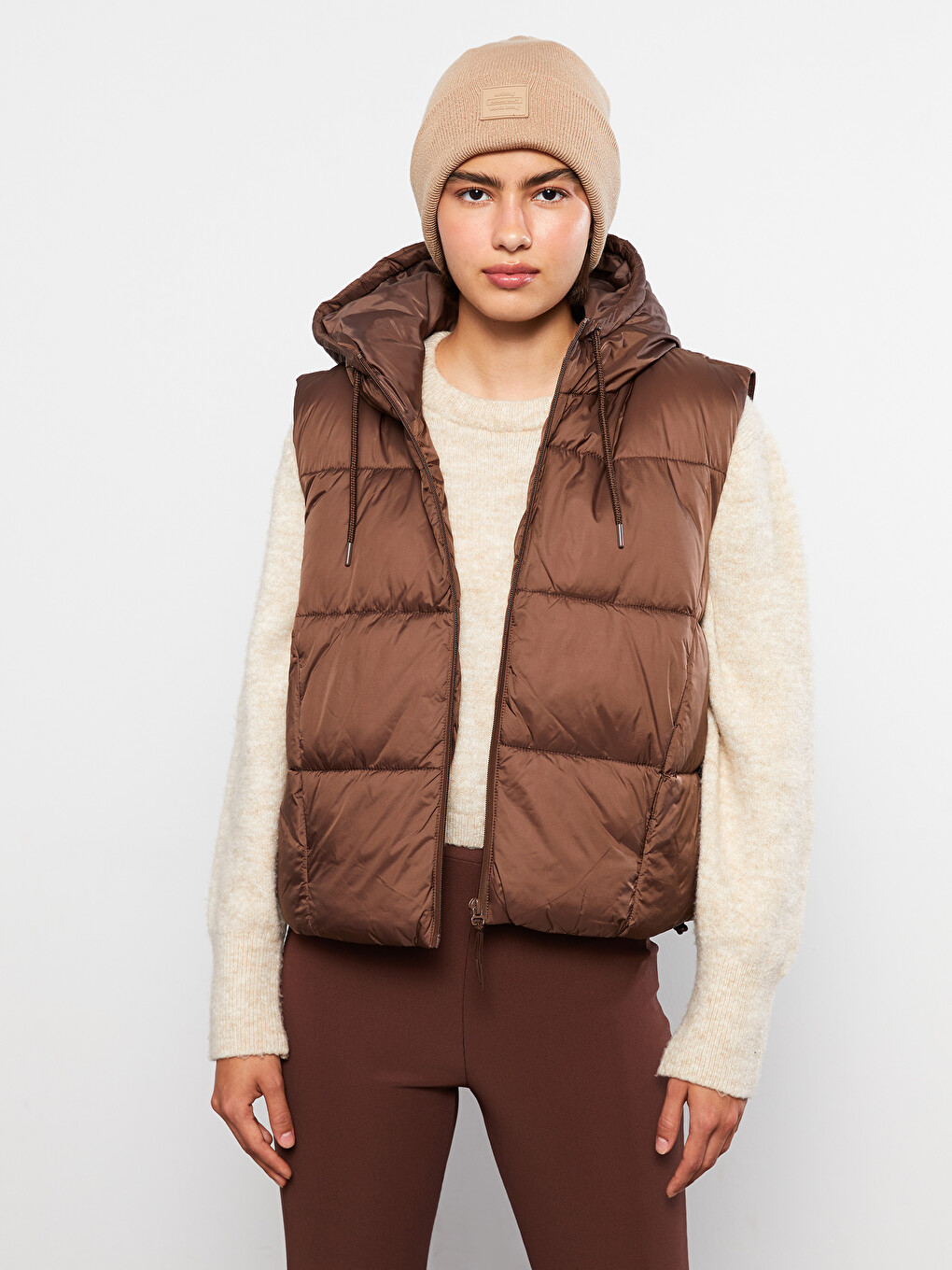 Women's Hooded Plain Puffer Gilet-1