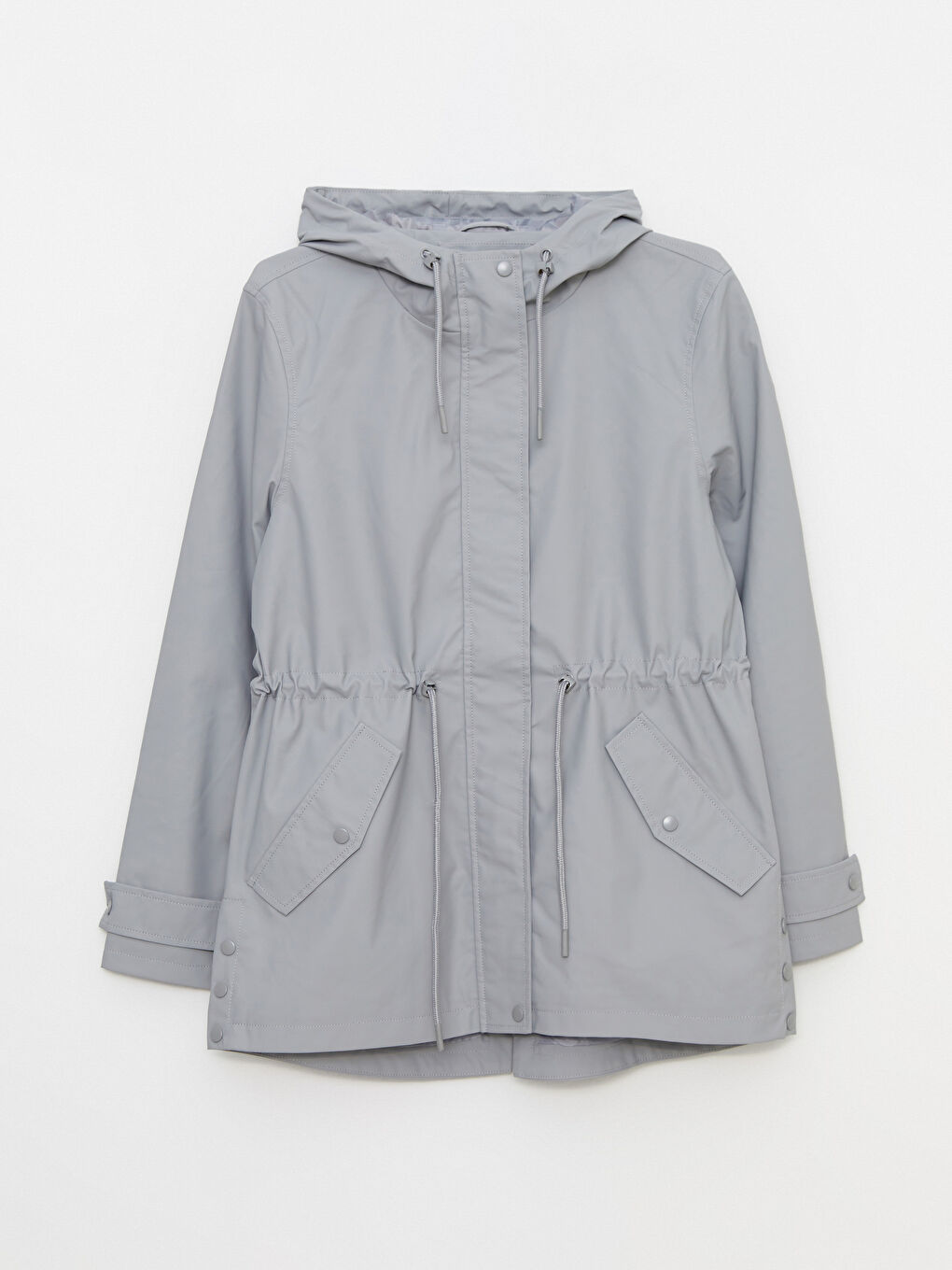 Gri Kadın Kapüşonlu Düz Yağmurluk-6