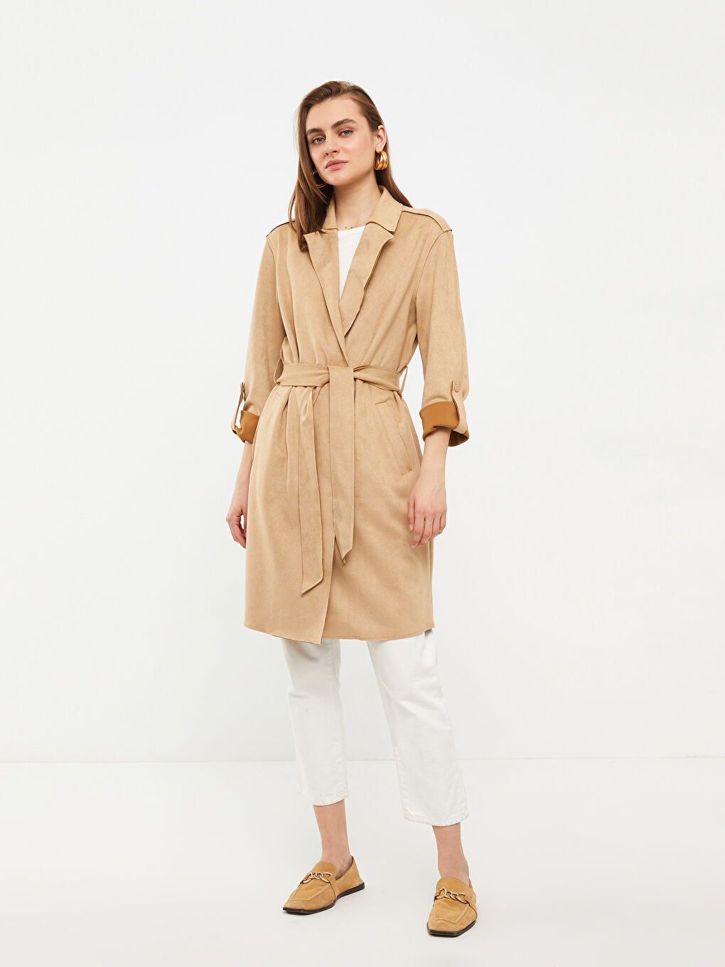 Женский Тренч с прямым воротником и длинными рукавами