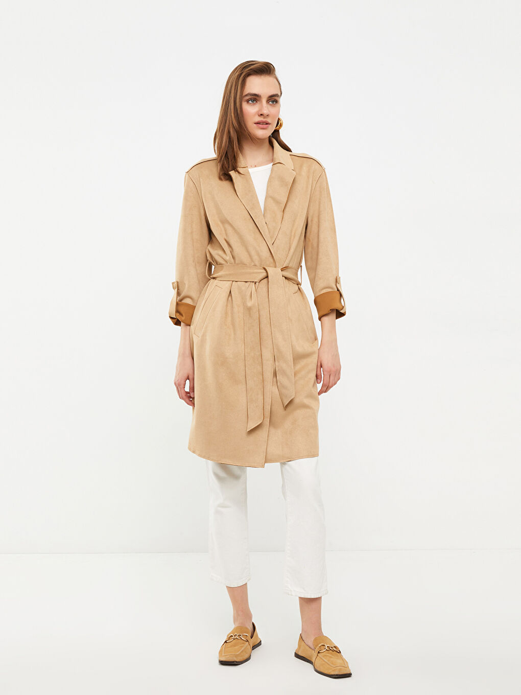 Женский Тренч с прямым воротником и длинными рукавами-1