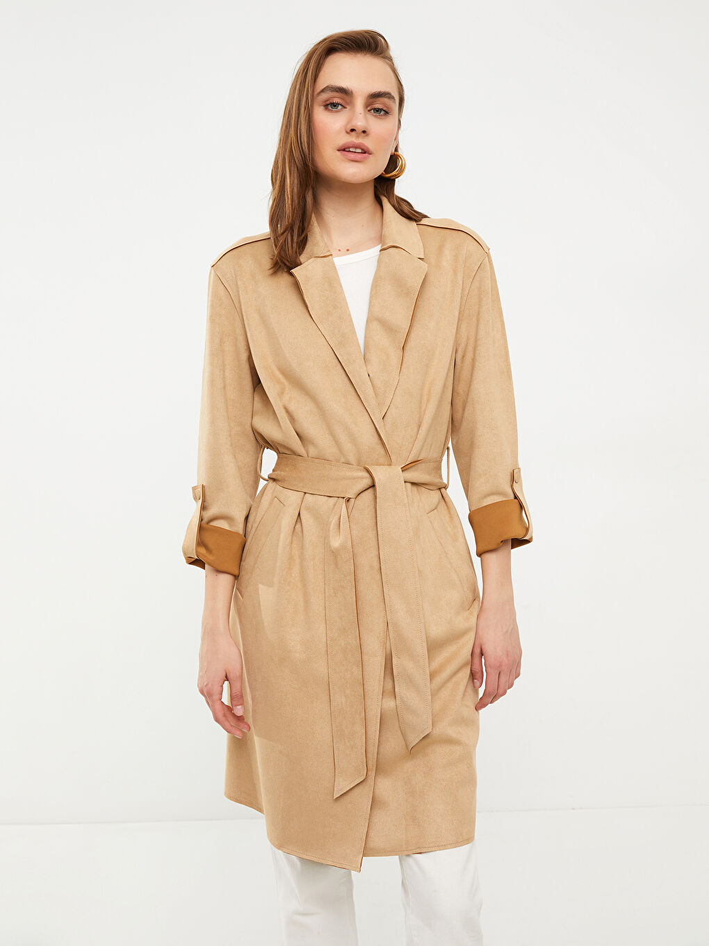 Женский Тренч с прямым воротником и длинными рукавами-2