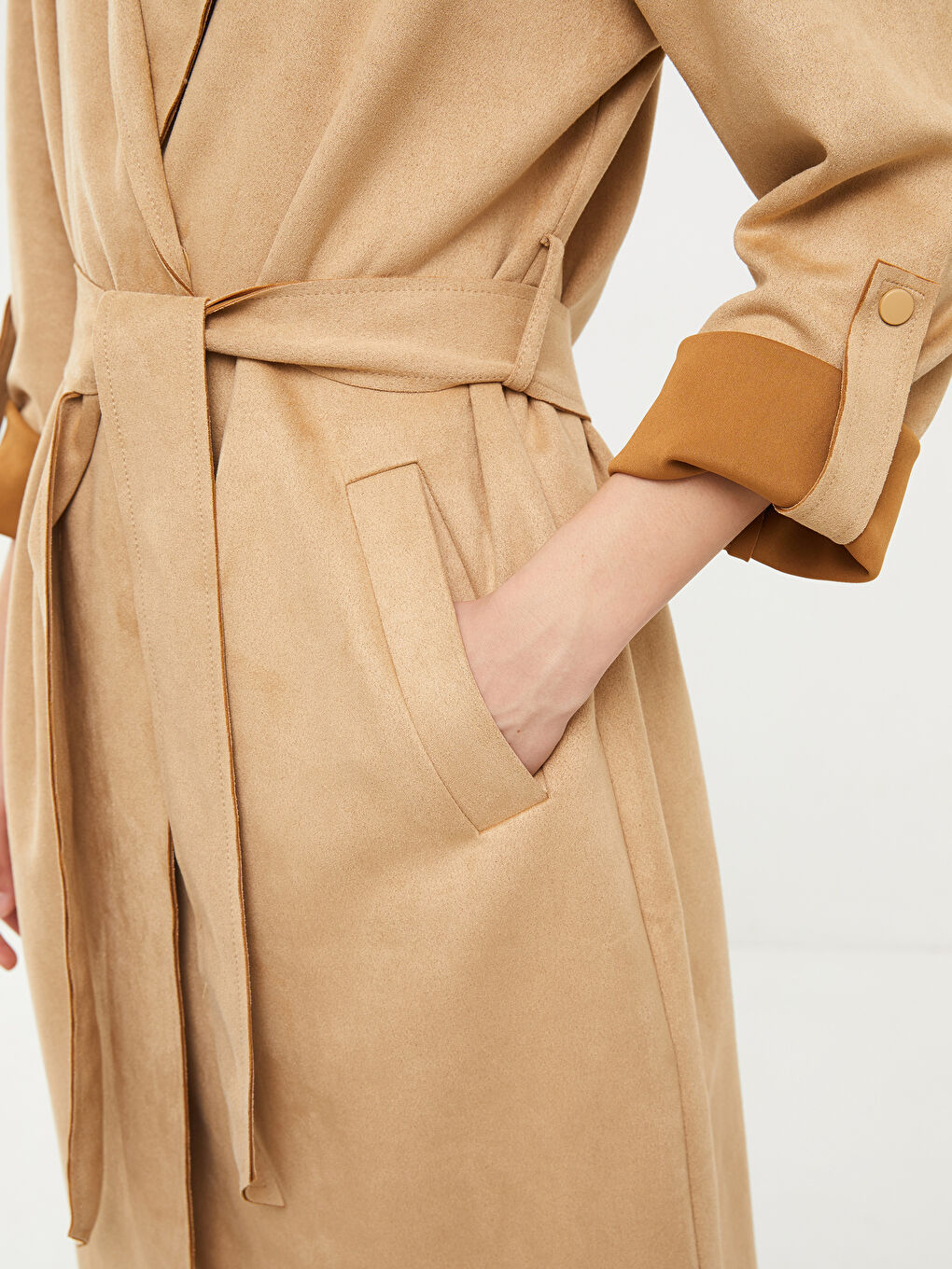 Женский Тренч с прямым воротником и длинными рукавами-3