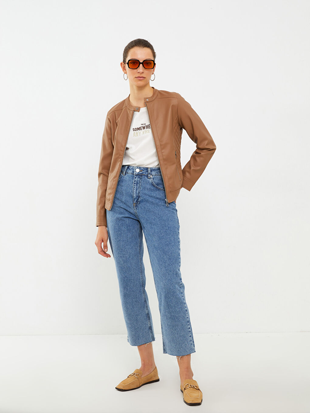 Veste en simili cuir à col rond, manches longues, coupe régulière pour femmes