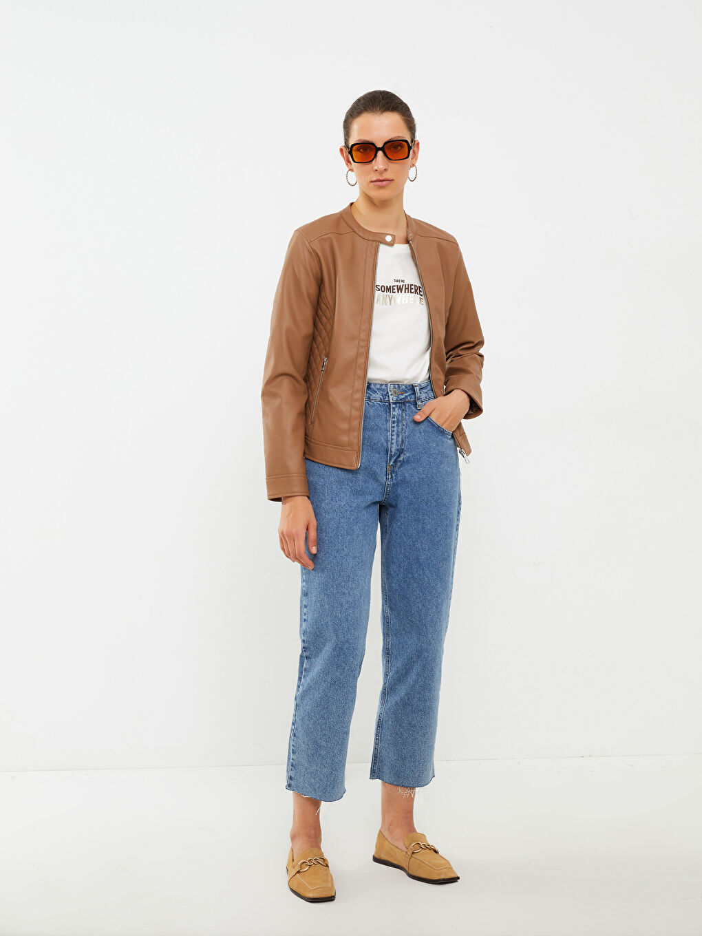 Veste en simili cuir à col rond, manches longues, coupe régulière pour femmes-1