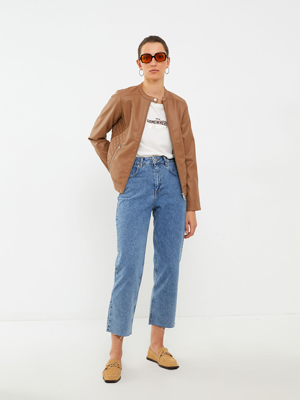 Veste en simili cuir à col rond, manches longues, coupe régulière pour femmes-2